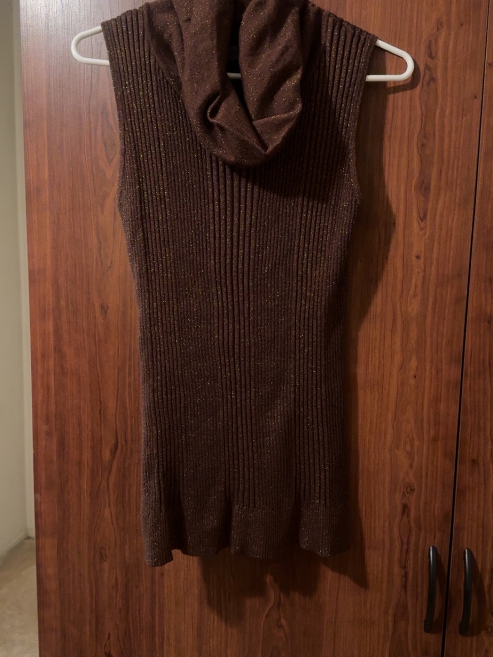 Sleeveless Brown Ribbed Cowl Neck Sweater